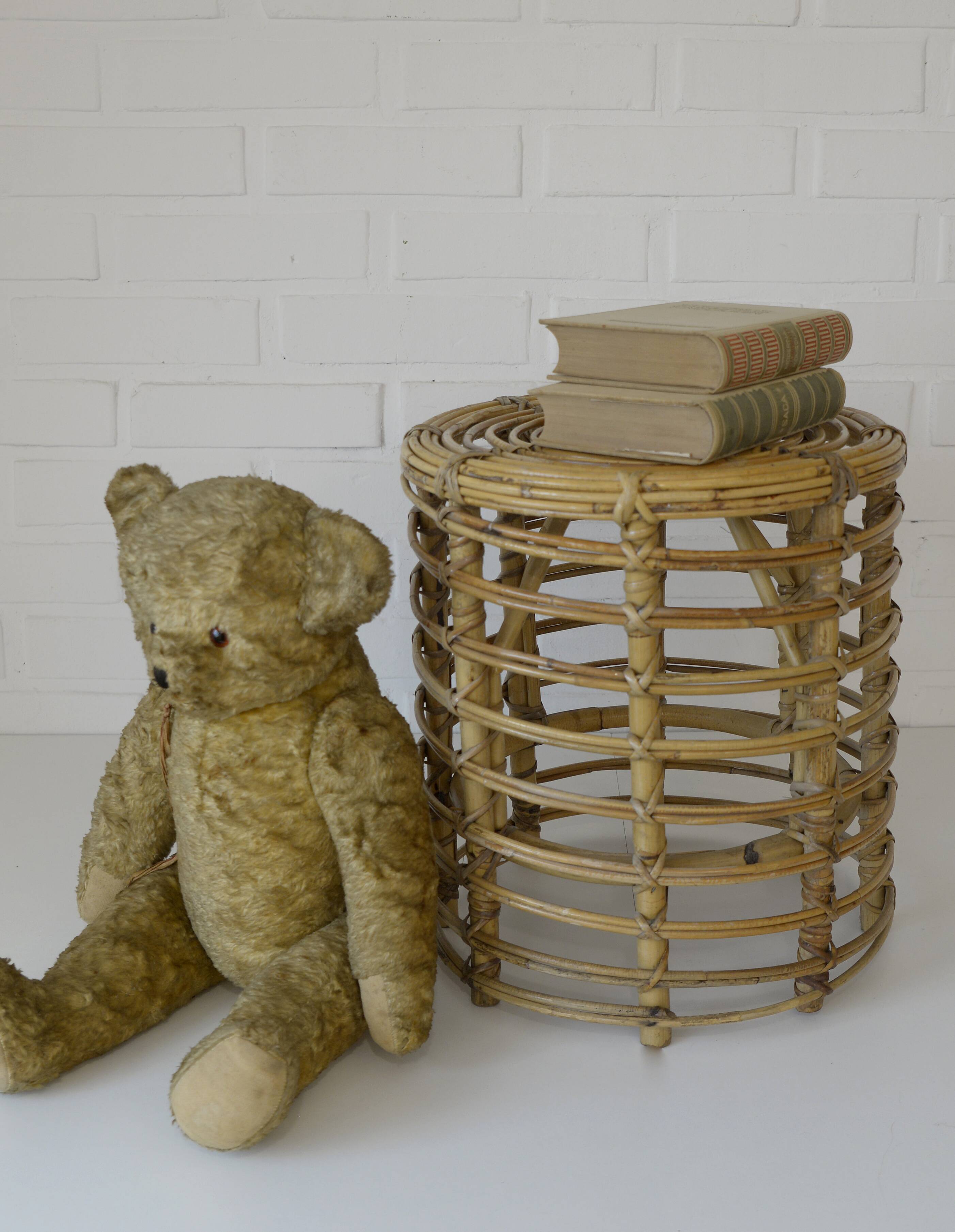 Vintage bamboo stool rattan plant stand mid-century wicker side table