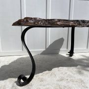 Brutalist coffee table in solid elm and wrought iron, ram's horn legs.