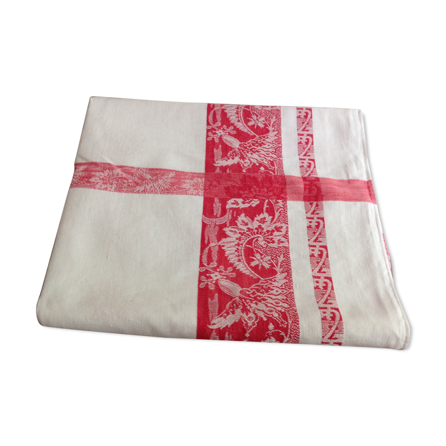 Red and white damask tablecloth