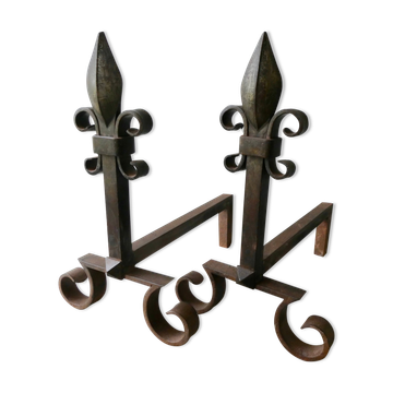Paire de chenets en fonte et fer battu, fleurs de lys