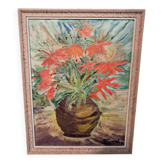 Old oil painting depicting a bouquet of flowers.