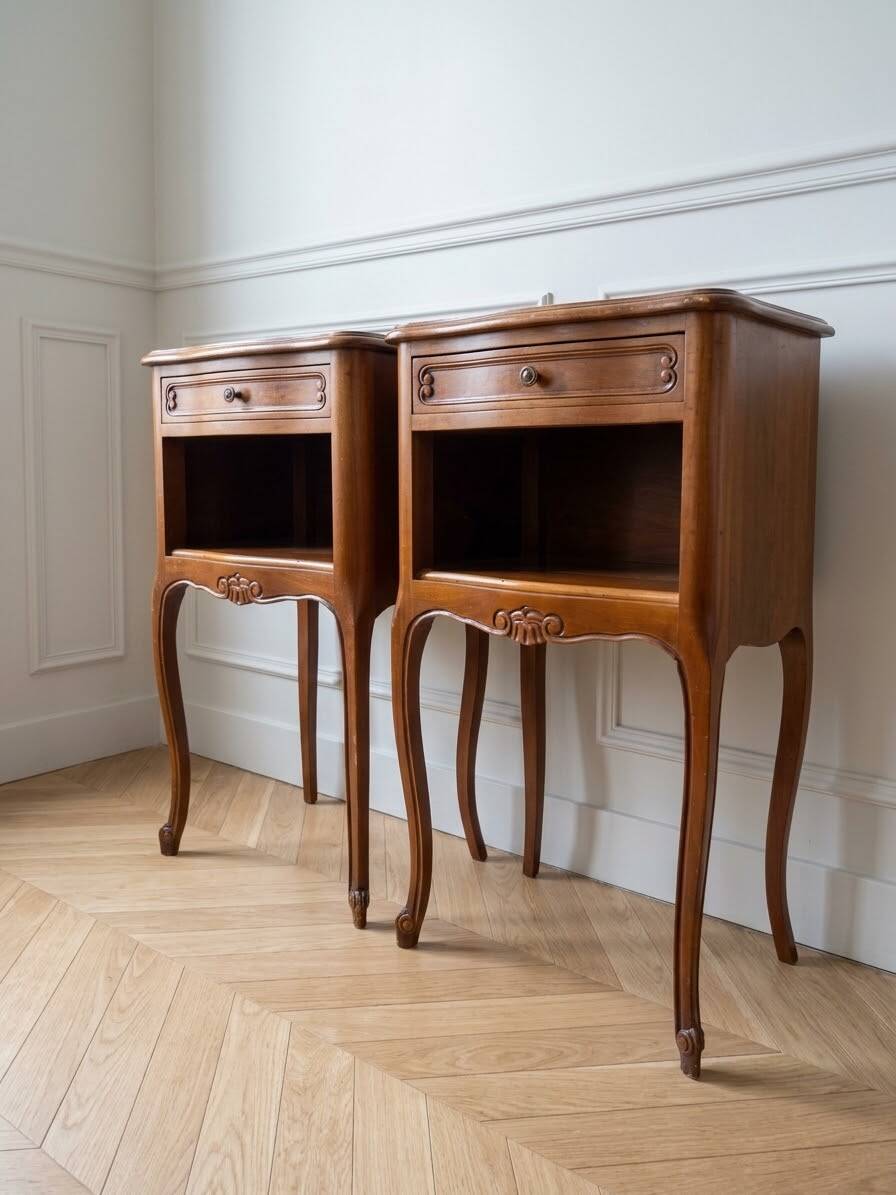Pair of Louis XV style bedside tables in solid wood.