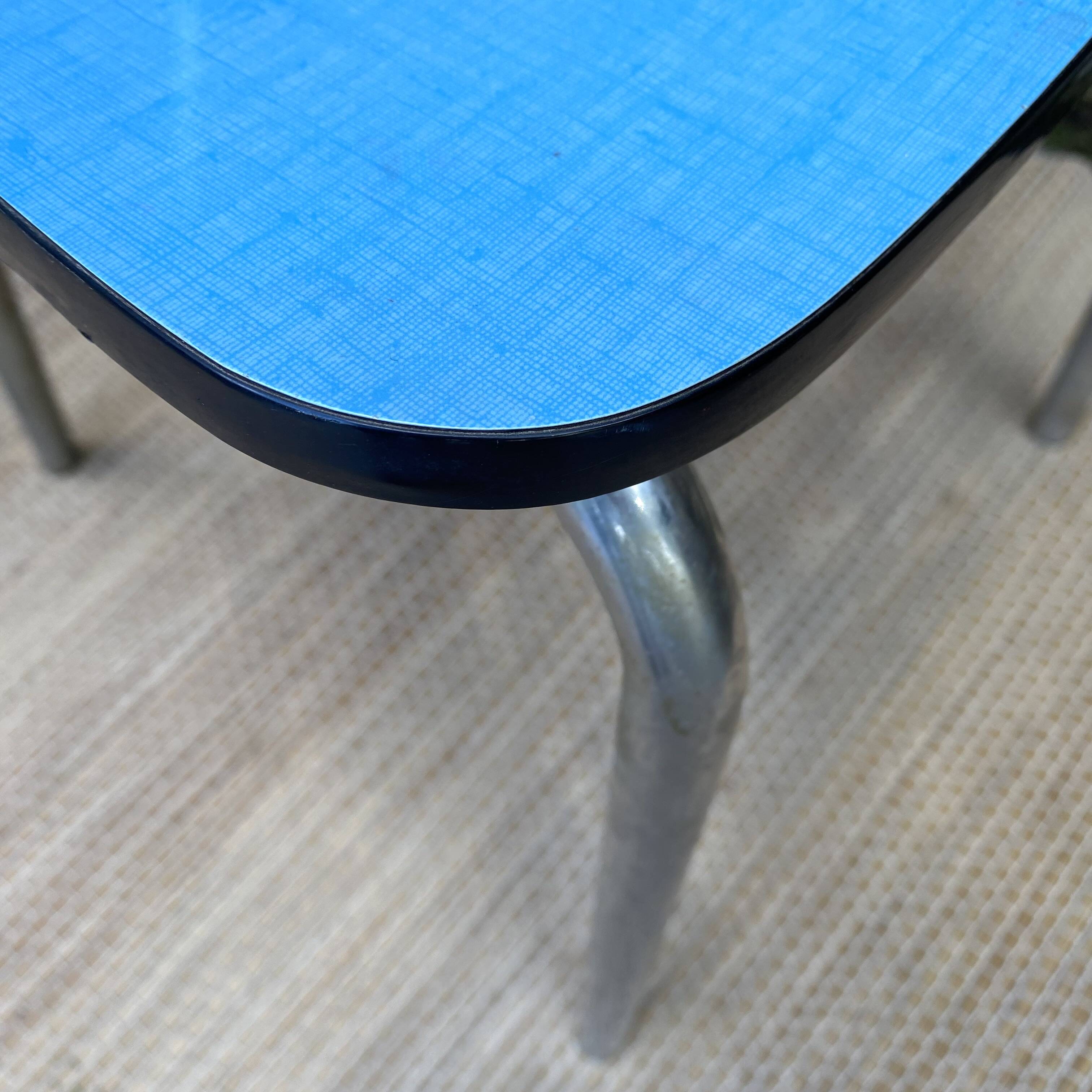 Extendable blue formica table and 2 chairs, 1960s