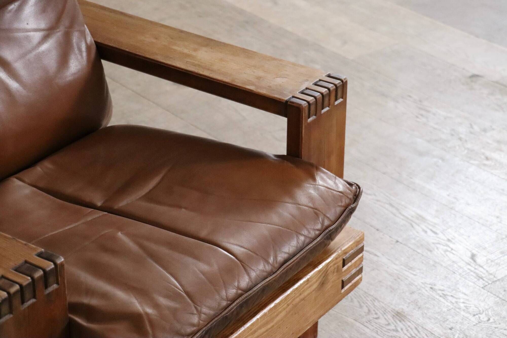 Midcentury Modern Brutalist Lounge Chair In Oak And Leather, Italy 1970s