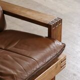 Midcentury Modern Brutalist Lounge Chair In Oak And Leather, Italy 1970s