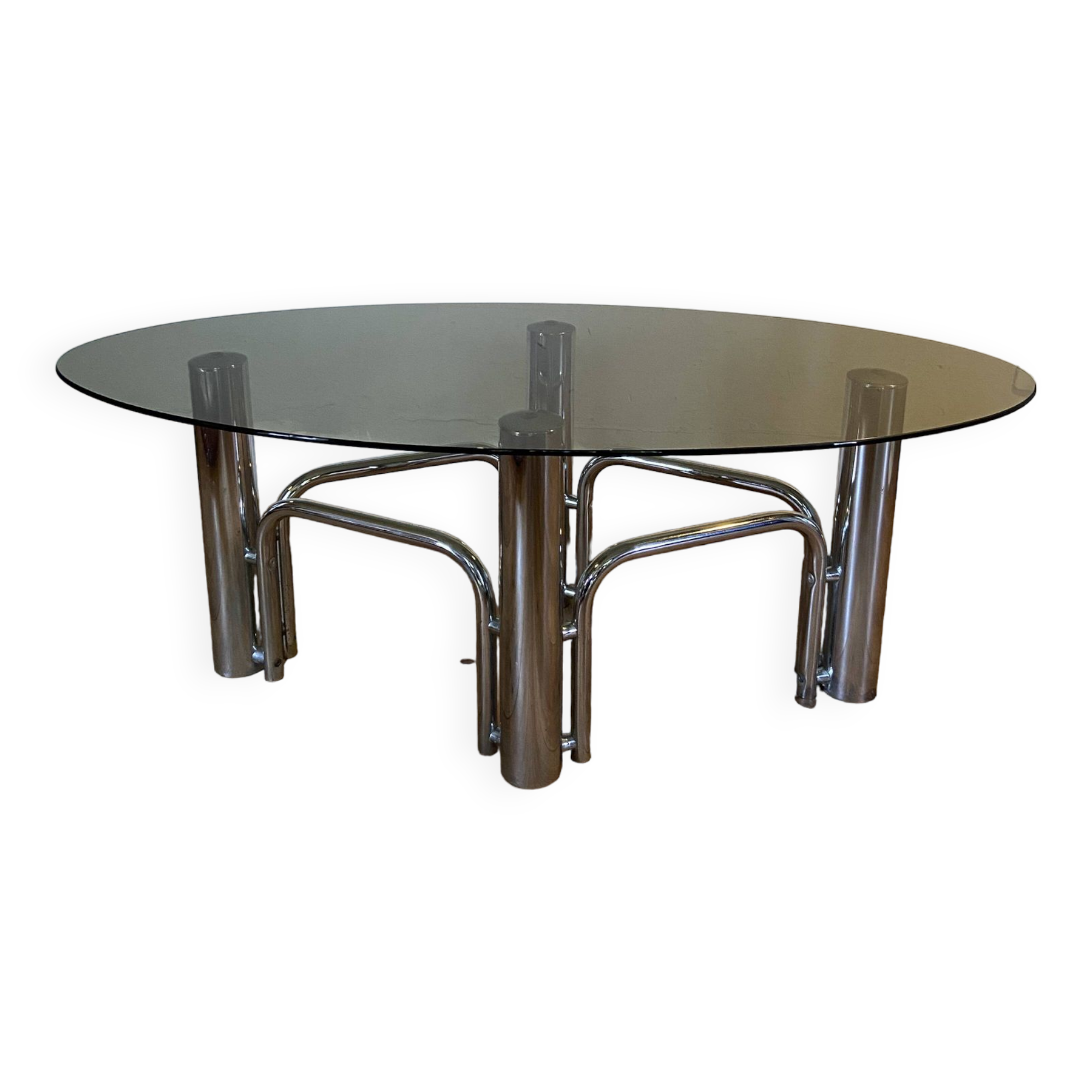 70s chrome and oval smoked glass coffee table