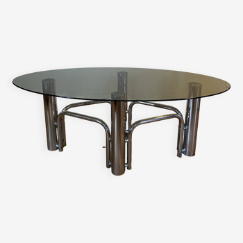 70s chrome and oval smoked glass coffee table