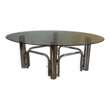 Table basse chrome et verre fumé ovale années 70