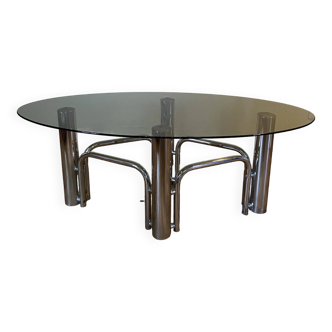 70s chrome and oval smoked glass coffee table