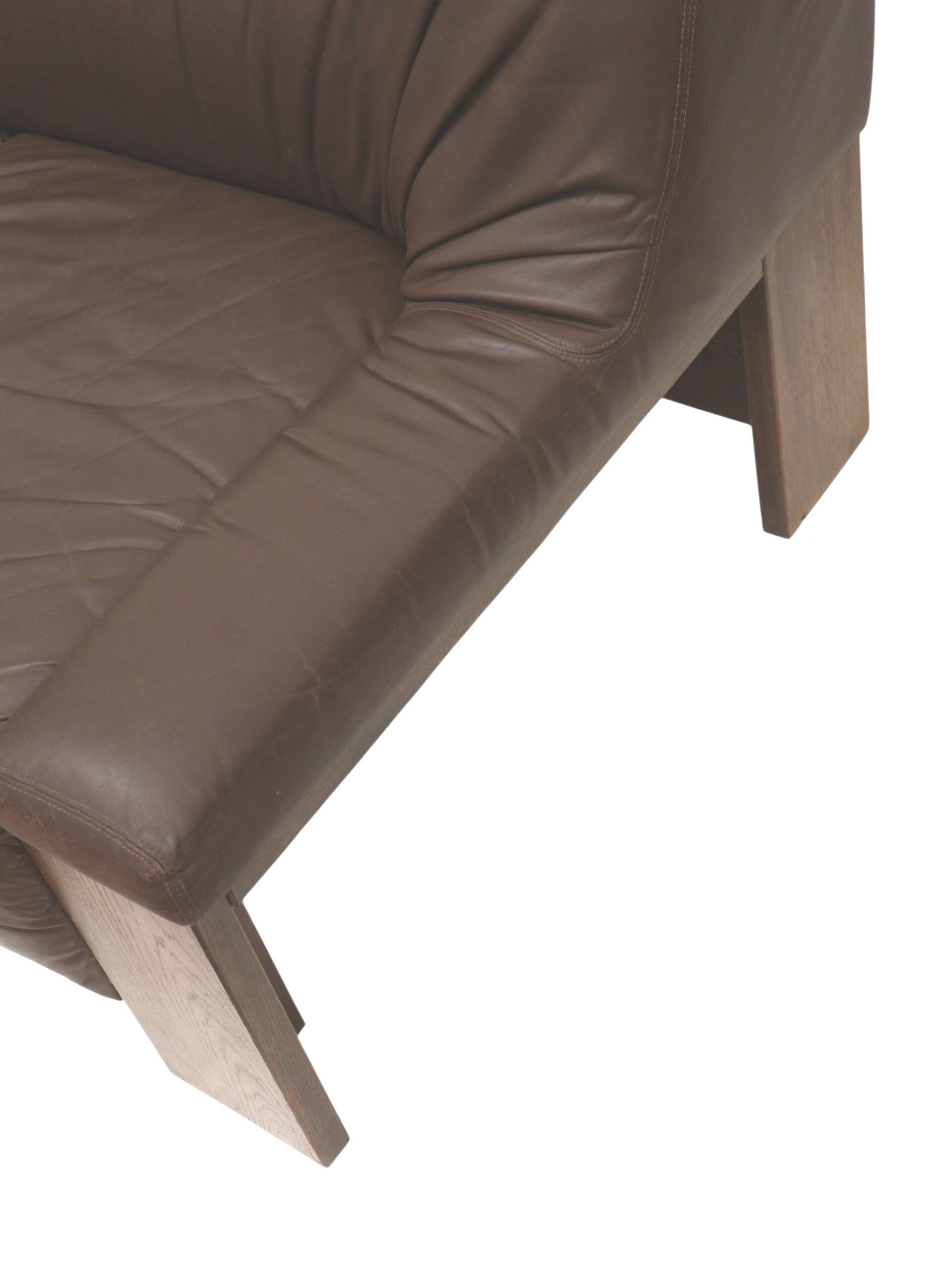 Brutalist 2-seater leather sofa – brown leather with wenge wood frame