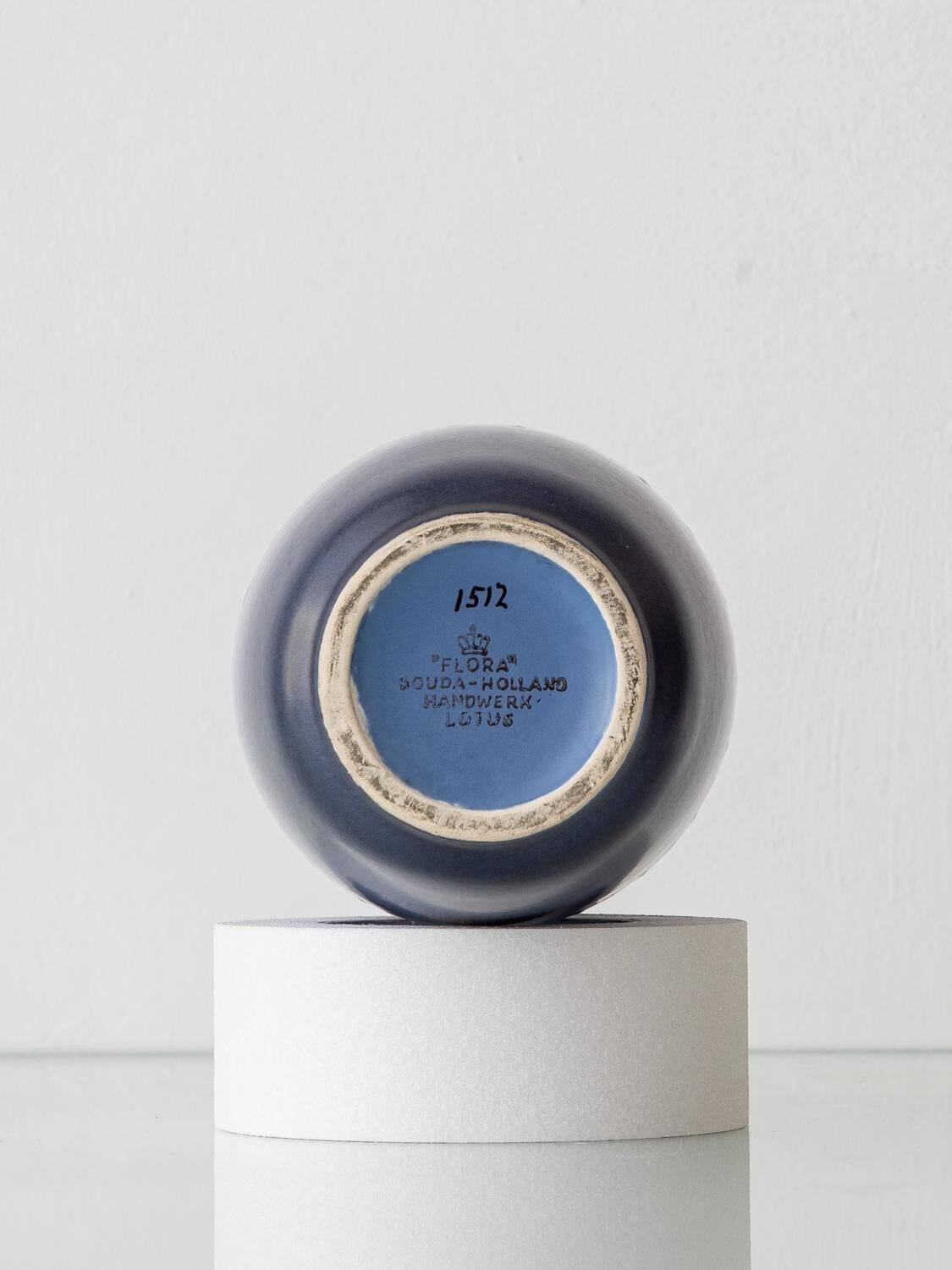 Mid-century modern blue ceramic table lamp with new Liberty London floral shade.