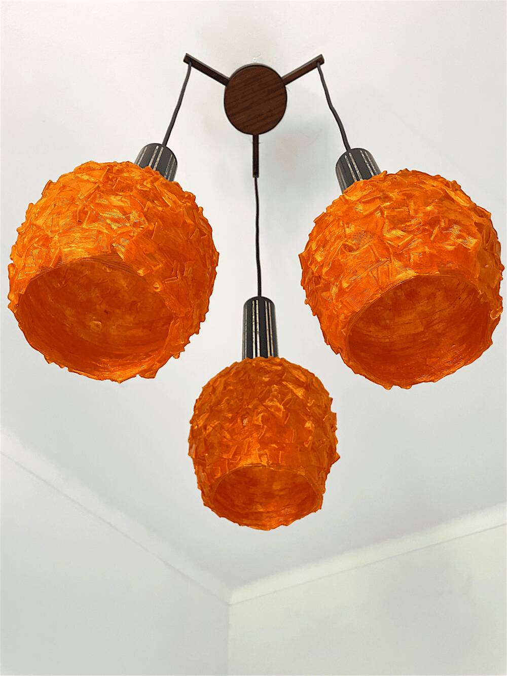 Space Age orange lucite spaghetti 3-light chandelier