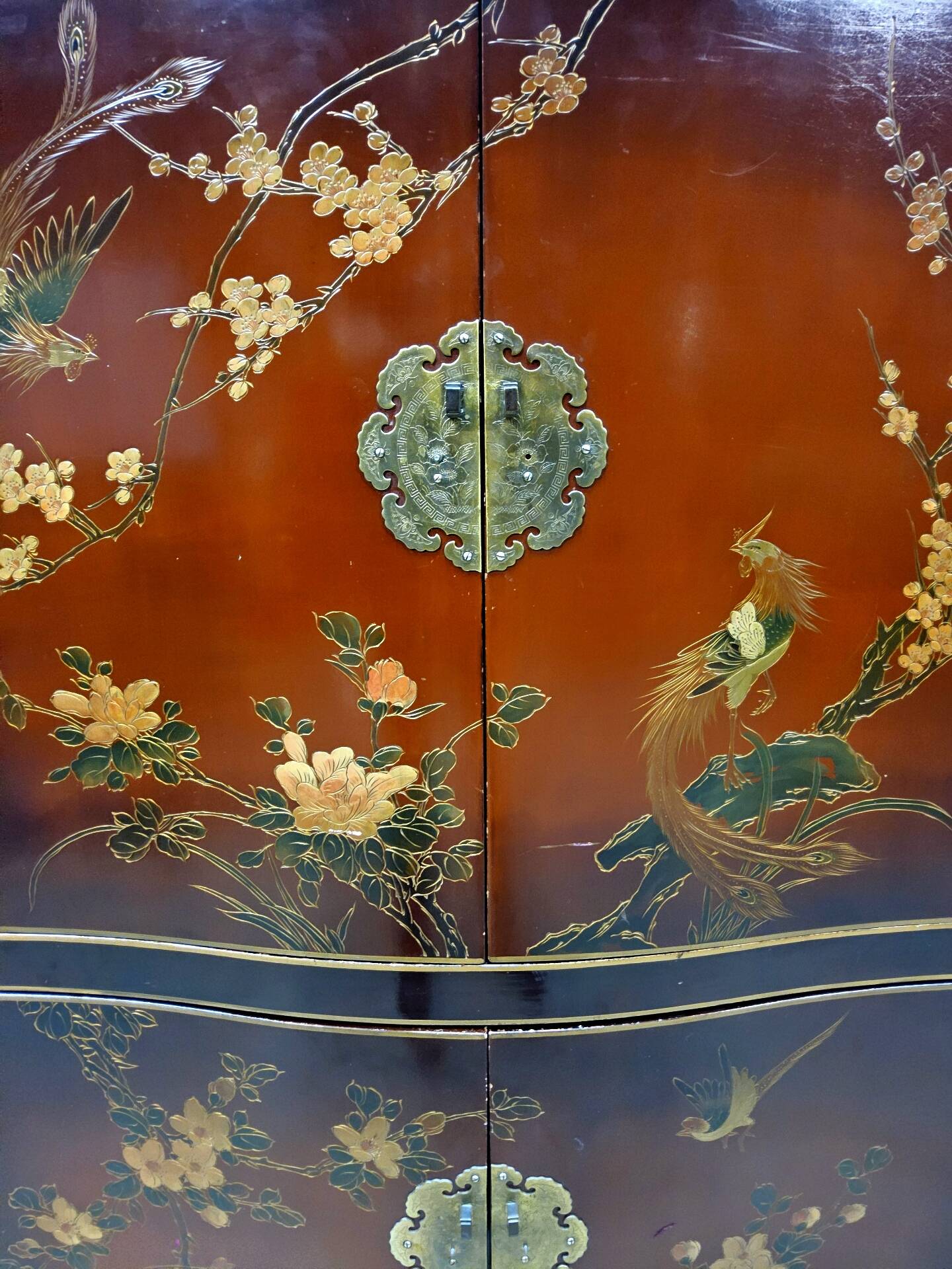 Vintage Chinese red and gold cabinet with flowers and birds (lacquer cabinet)