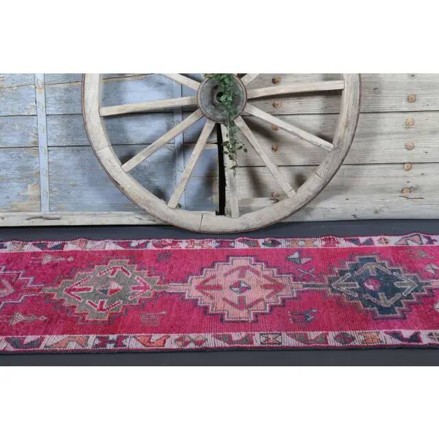 1970s Vintage Turkish Hand-Knotted Wool Cotton Purple Runner Rug 87x310