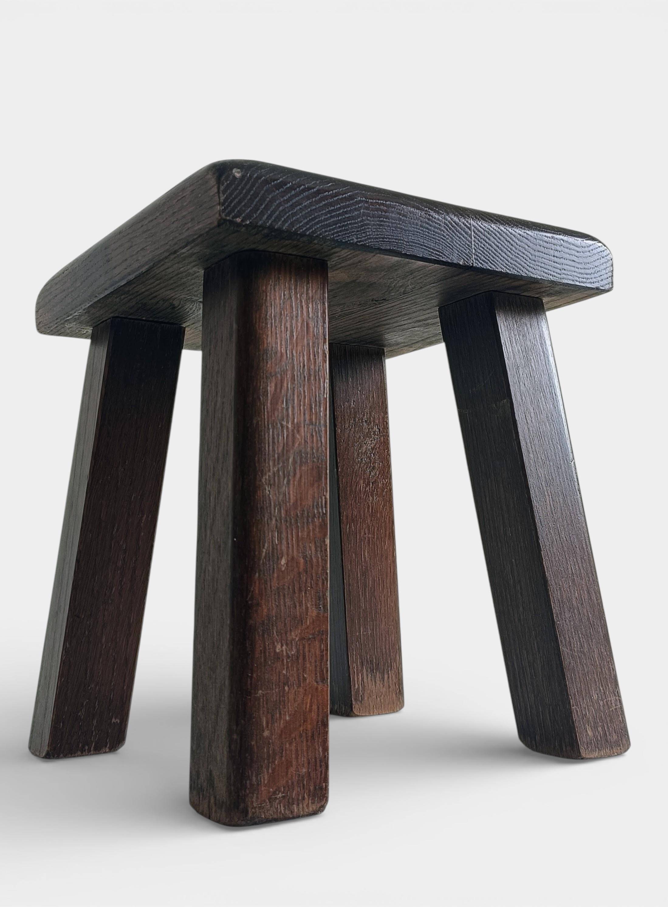 Vintage Rustic French Oak Stool in Pierre Chapo Style, Early 20th-C