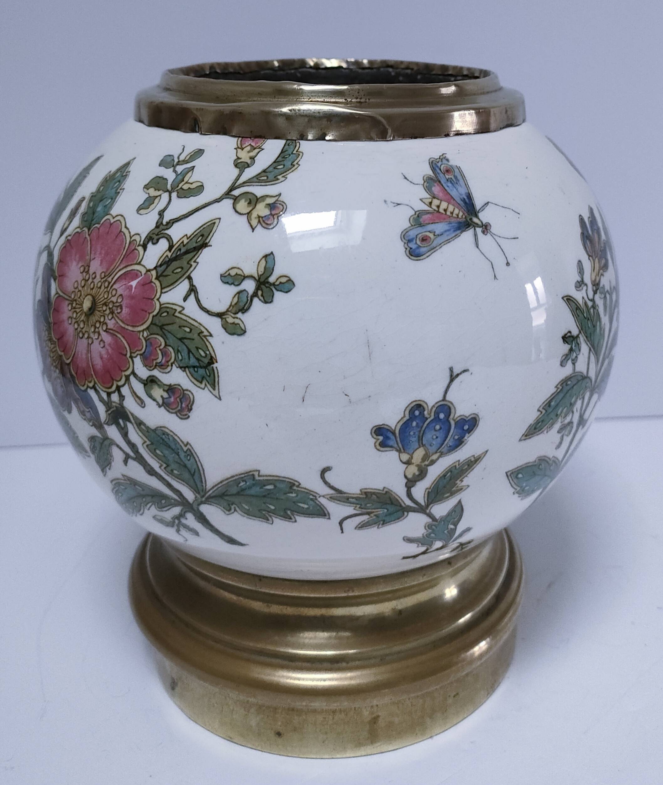 round vase earthenware brass decorated with flowers and insects early 20th century