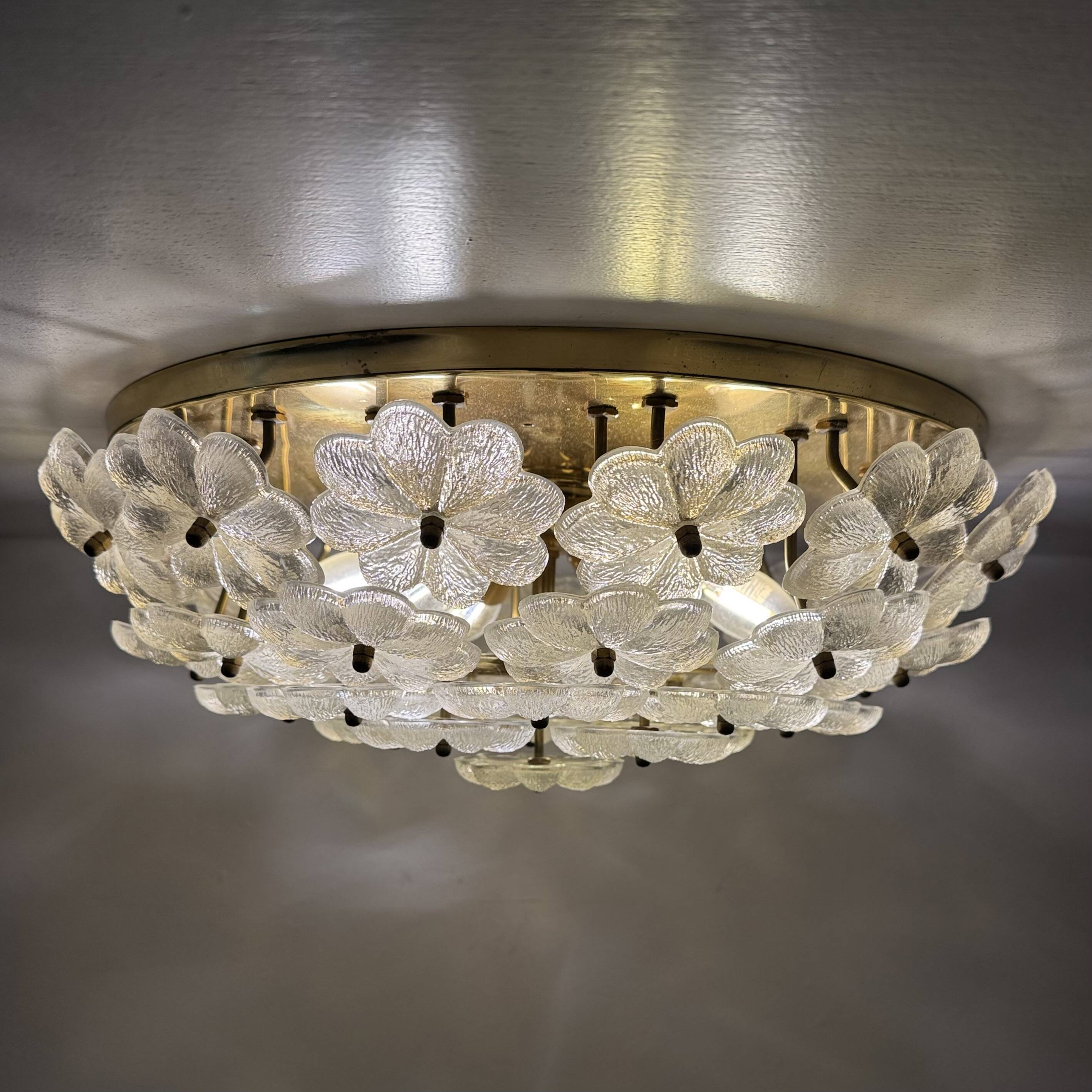 Large Floral Crystal Glass Flush Lamp by Ernst Palme , 1970s