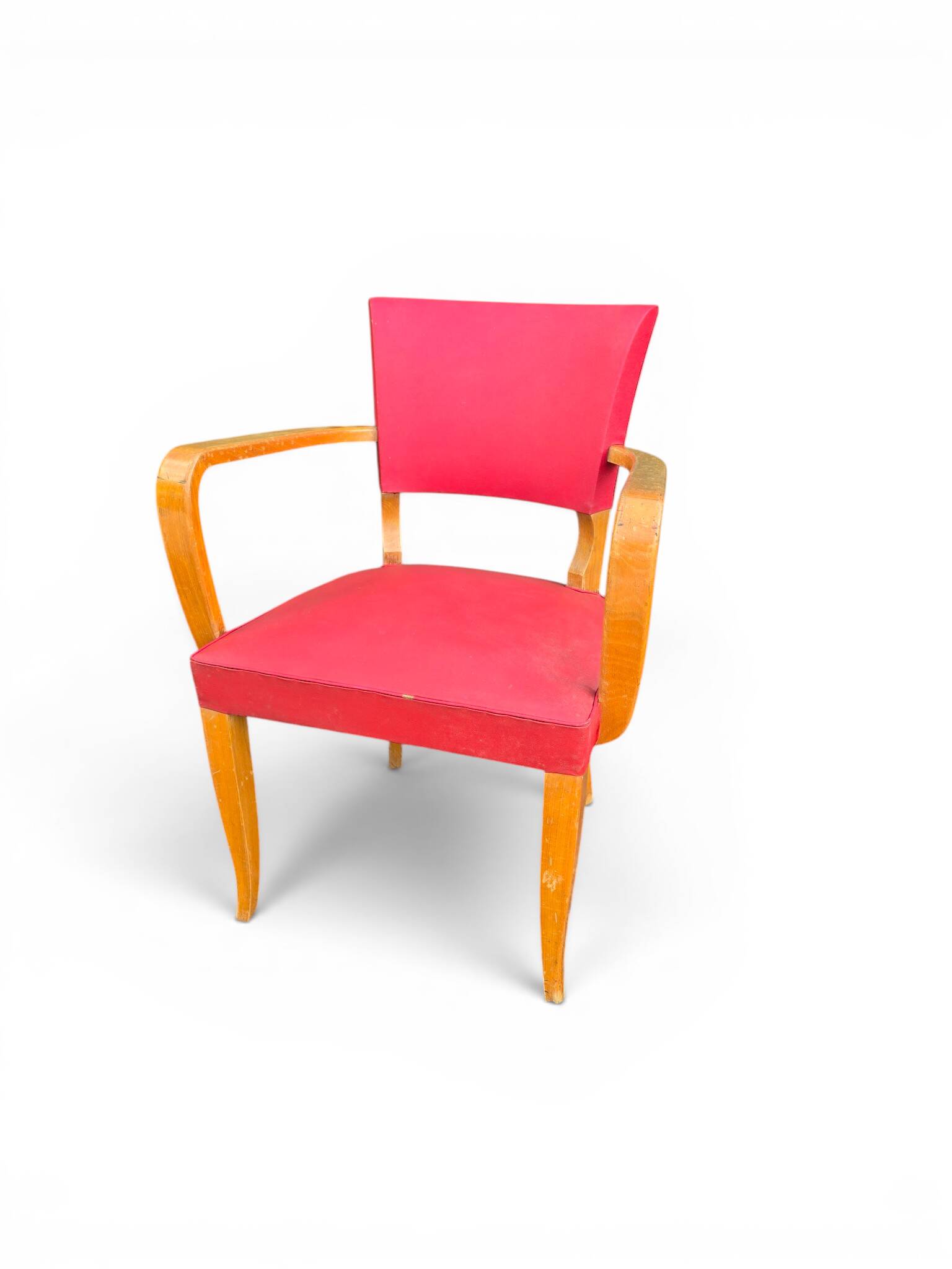 Vintage bridge armchair in wood and red faux leather, 1950s.