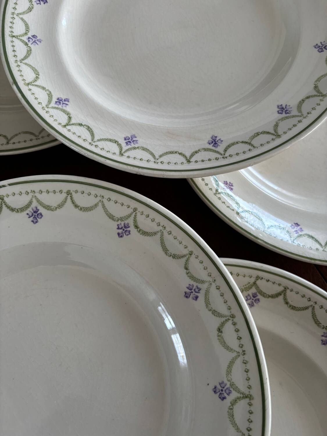 1900s Set of 6 vintage earthenware flat plates, Violetta model by Longwy