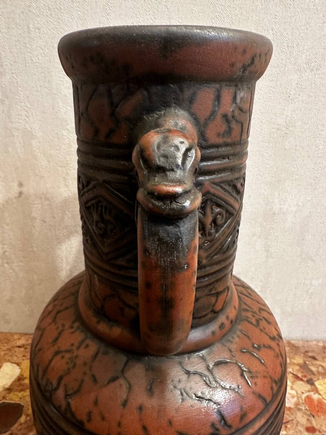 Jasba Vase 5005 - West Germany 60’s - Relief decor, Zoomorphic handles -