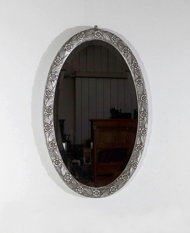 Oval mirror with silver frame, art nouveau, 1900