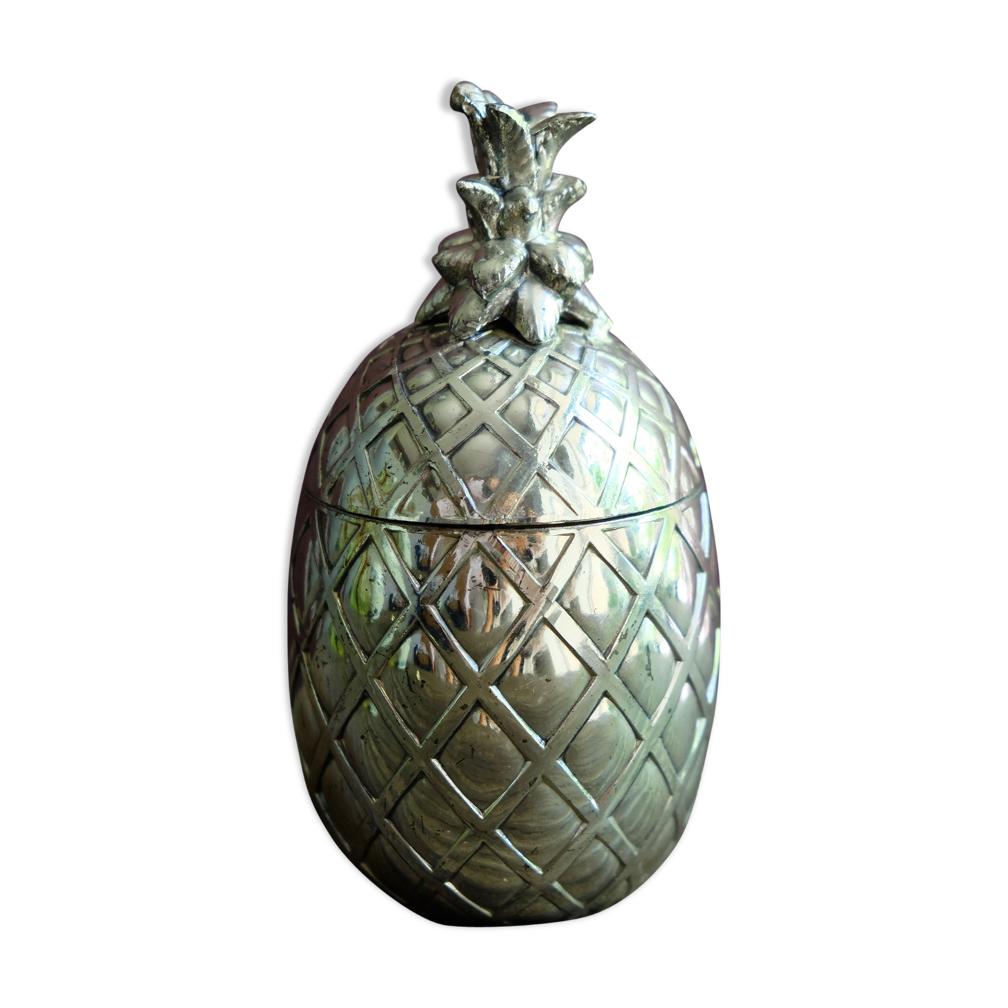 Boite ou sucrier ananas en métal chromé vintage en trois pièces