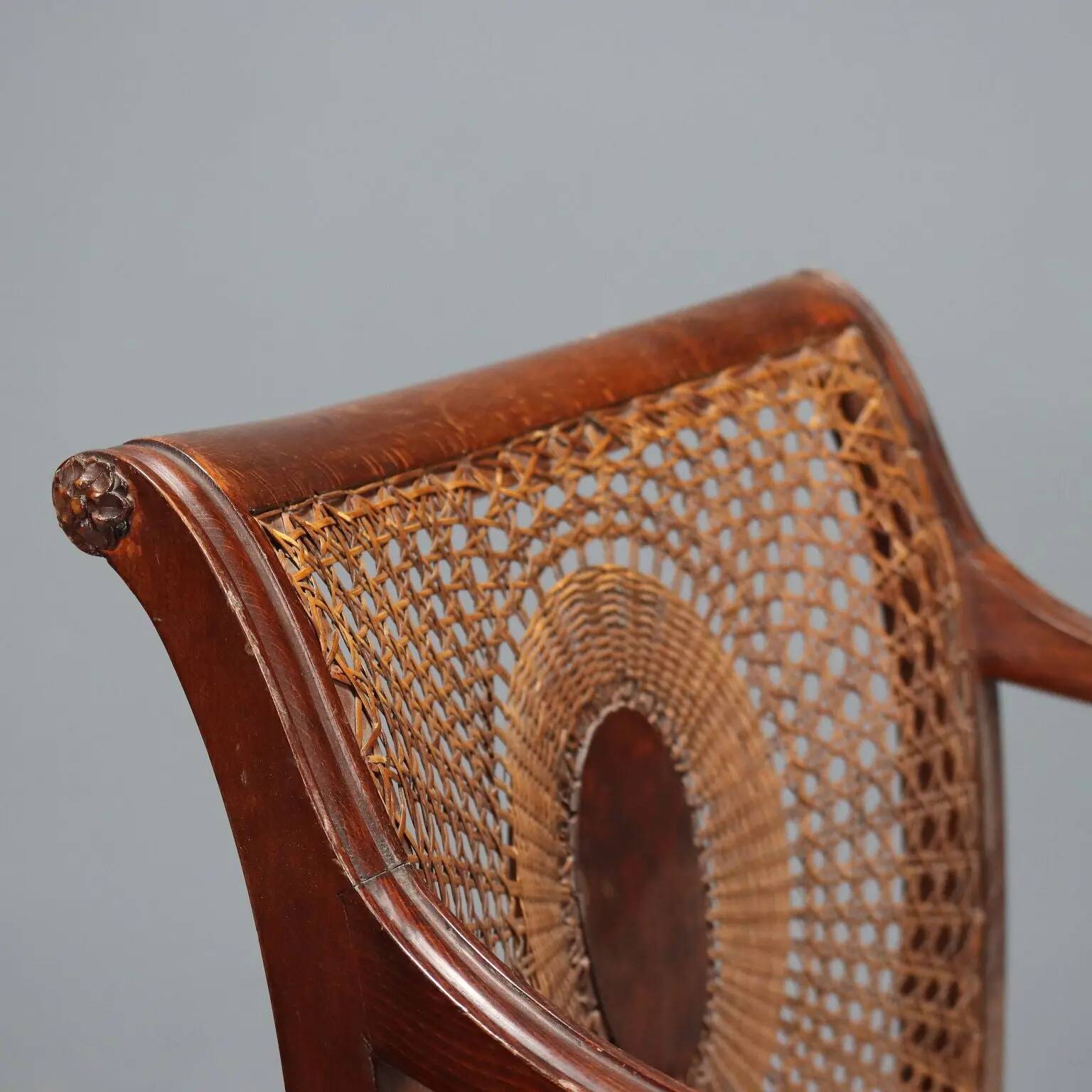 Antique beech armchair stained walnut and fabric, Italy, 19th century