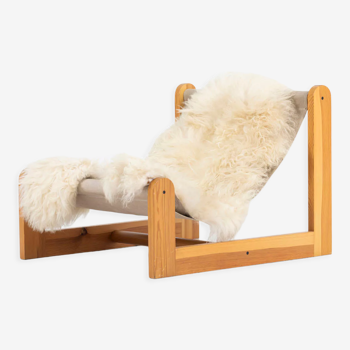 Sling chair in pine, canvas and sheepskin, 1970s
