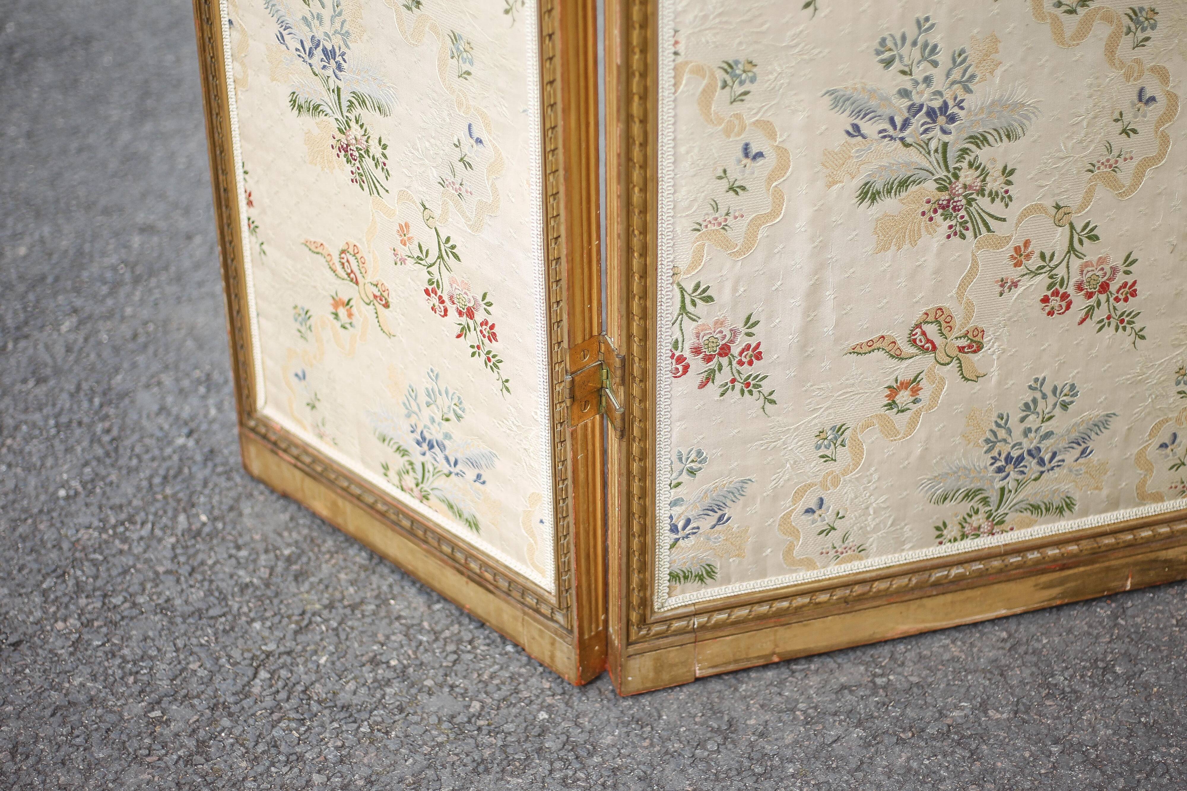 Vintage screen, old 3-panel screen, molded wood and fabric screen