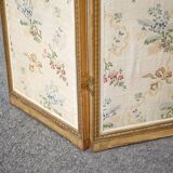 Vintage screen, old 3-panel screen, molded wood and fabric screen