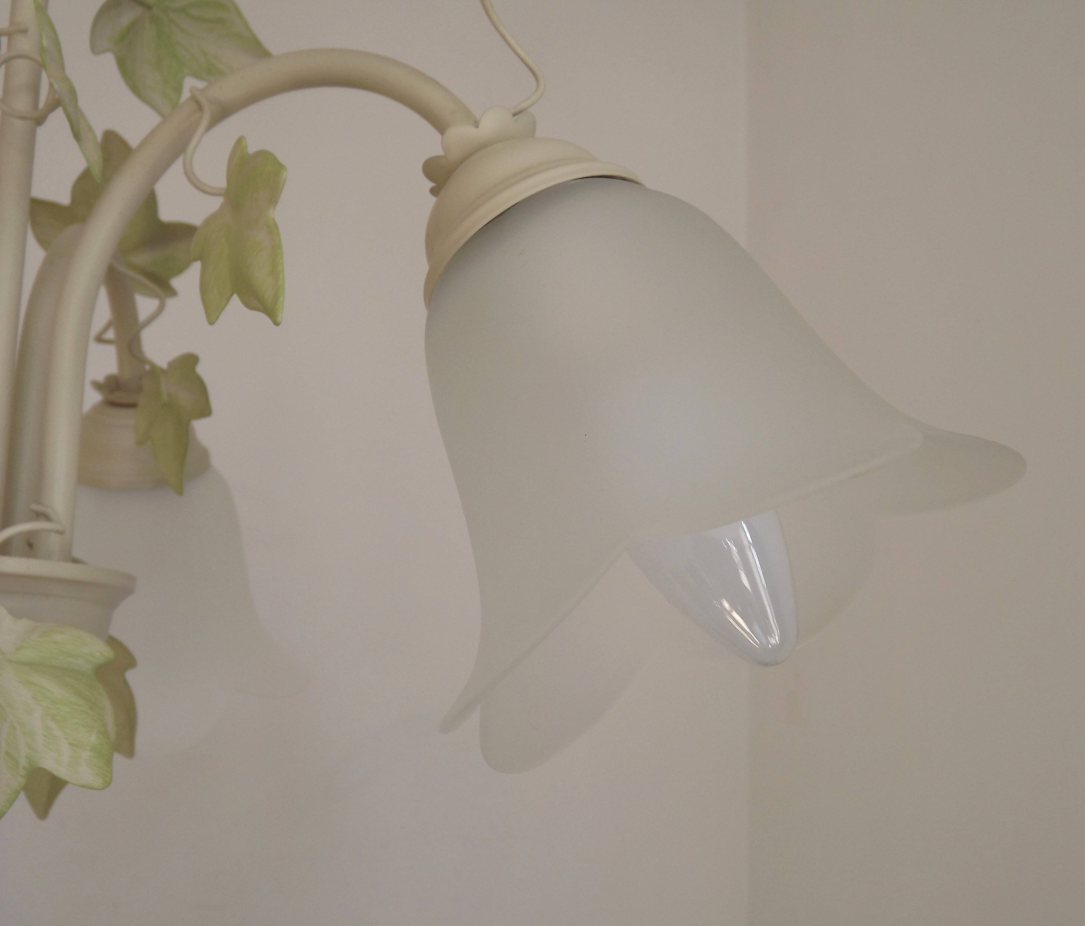 French Vintage 3 Light Green Ivy Chandelier with Opaque Glass Shades