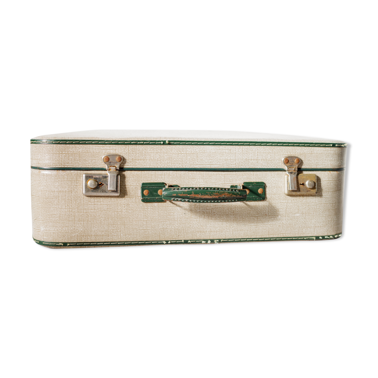 Old cream and green coloured suitcase