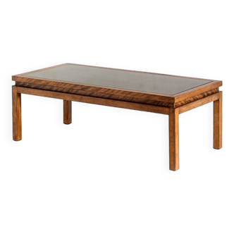 Vintage coffee table. Acacia wood and glass. France, 1980s