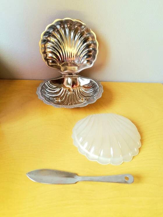 Shell butter dish and stainless steel knife