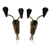 A set of wall lamps in black lacquered metal with brass details