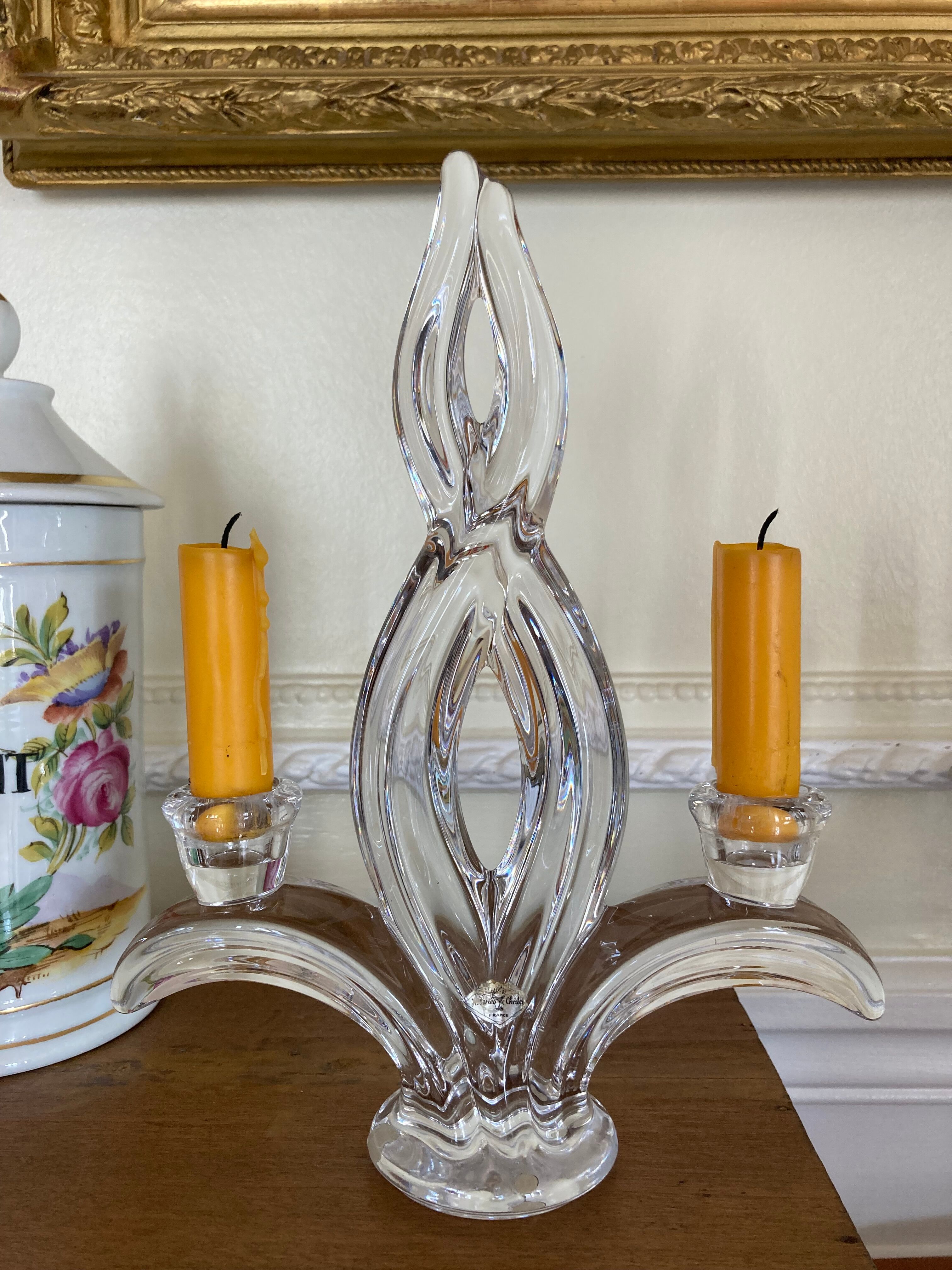 Double crystal candle holder from vannes le chatel 60s