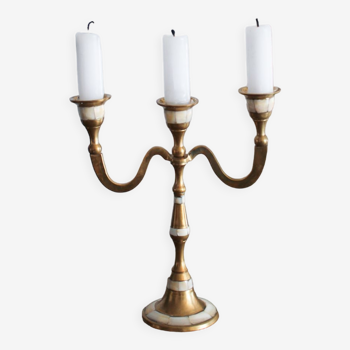 3-spoke candlestick in brass and mother-of-pearl