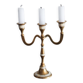 3-spoke candlestick in brass and mother-of-pearl