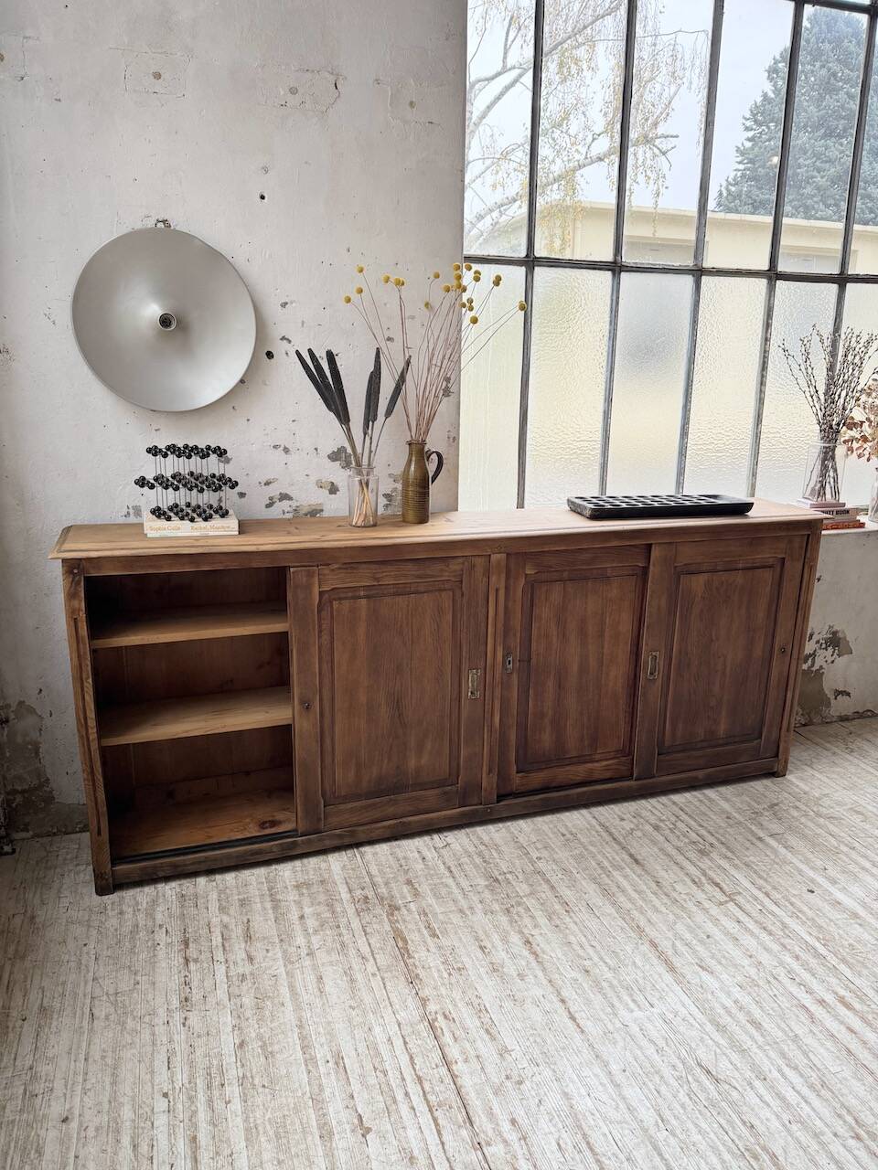 XL oak workshop sideboard with sliding doors from 1900