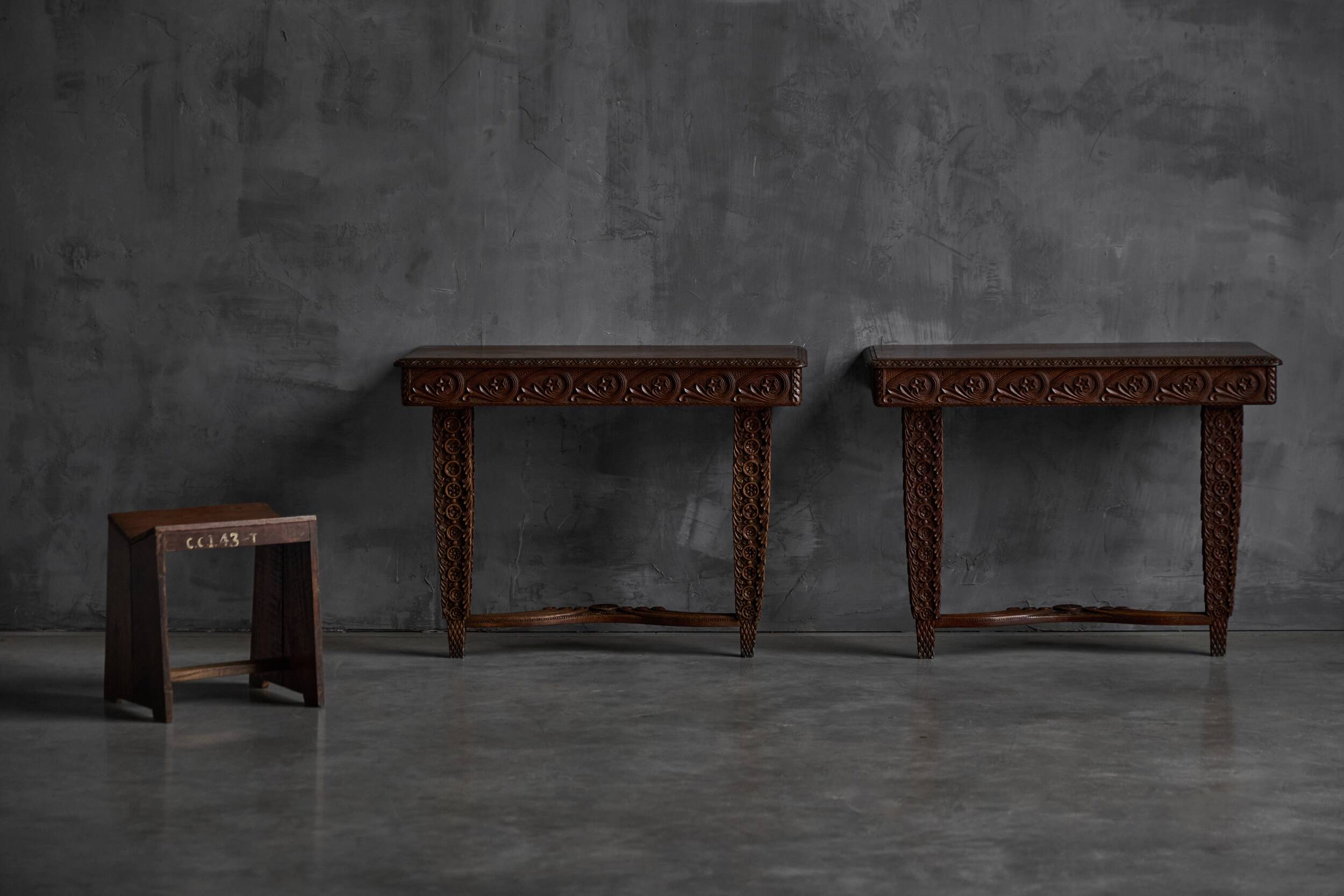 Hand-carved ornate wooden console tables, France, late 19th century