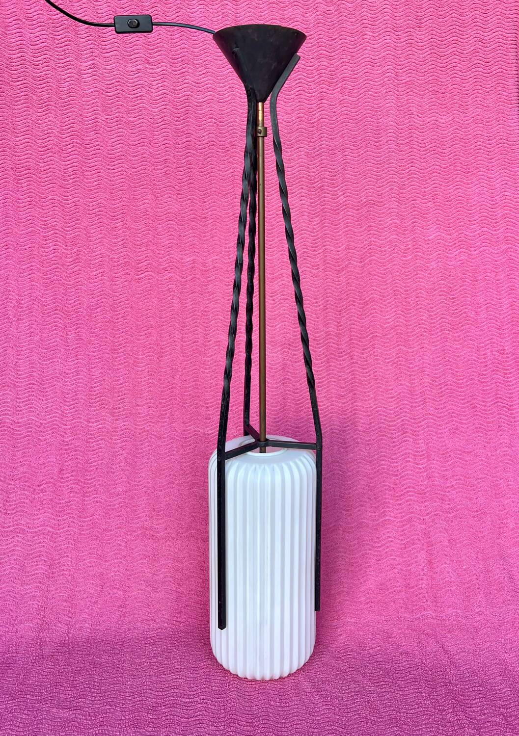 LAMP/IRON SUSPENSION FORGED OPAQUE WHITE GLASS CYLINDRICAL TUBE