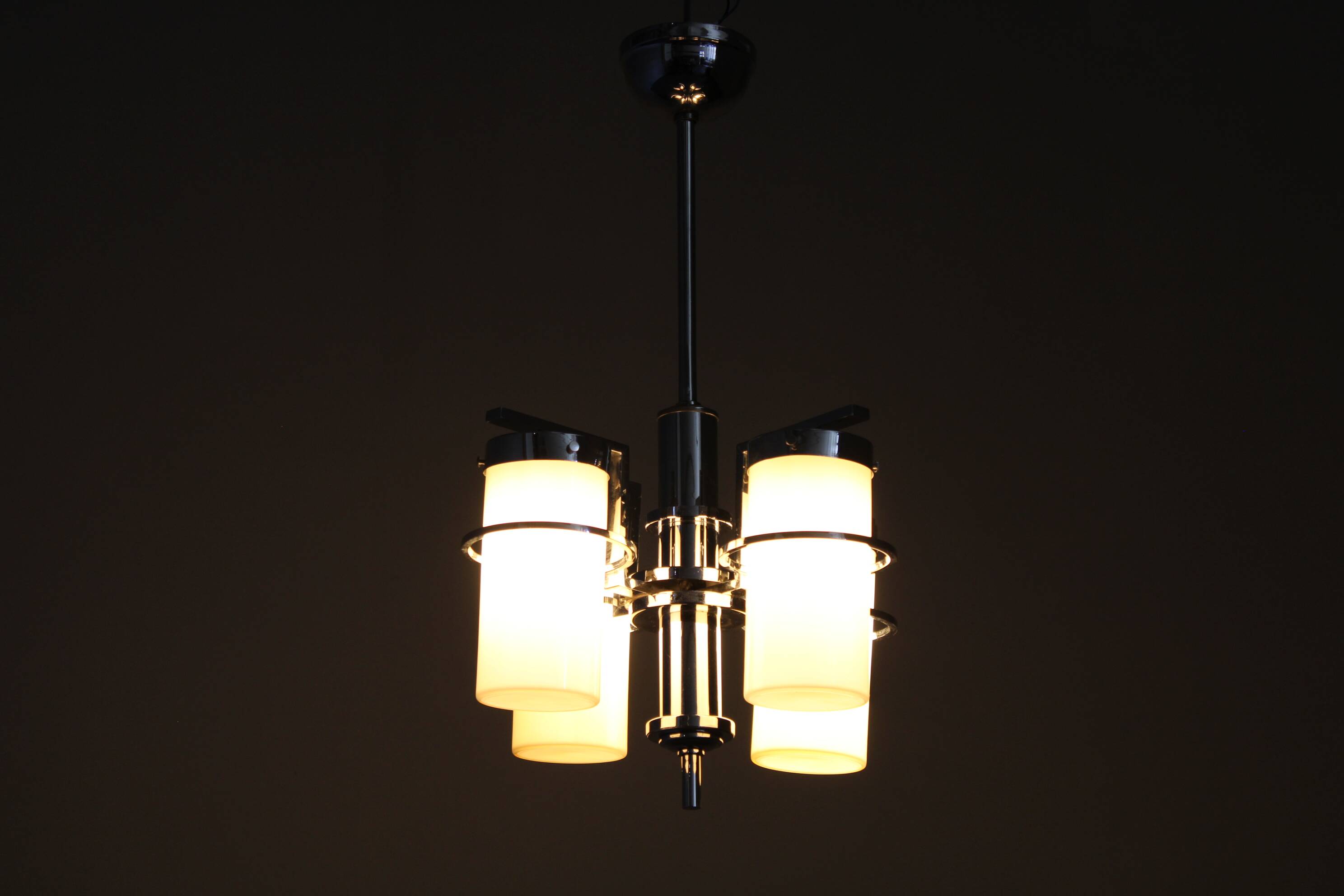 Restored Bauhaus/Art Deco chrome & glass chandelier, Czechoslovakia, 1930s