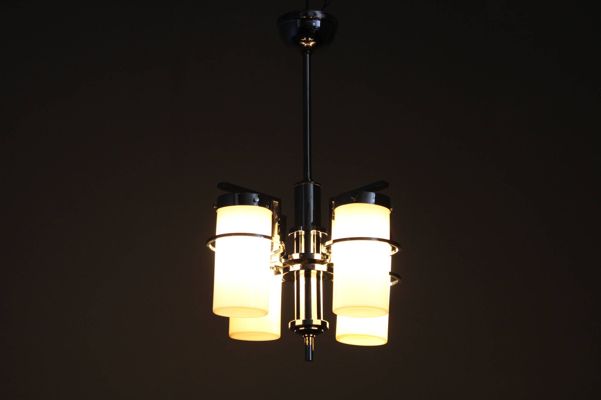 Restored Bauhaus/Art Deco chrome & glass chandelier, Czechoslovakia, 1930s
