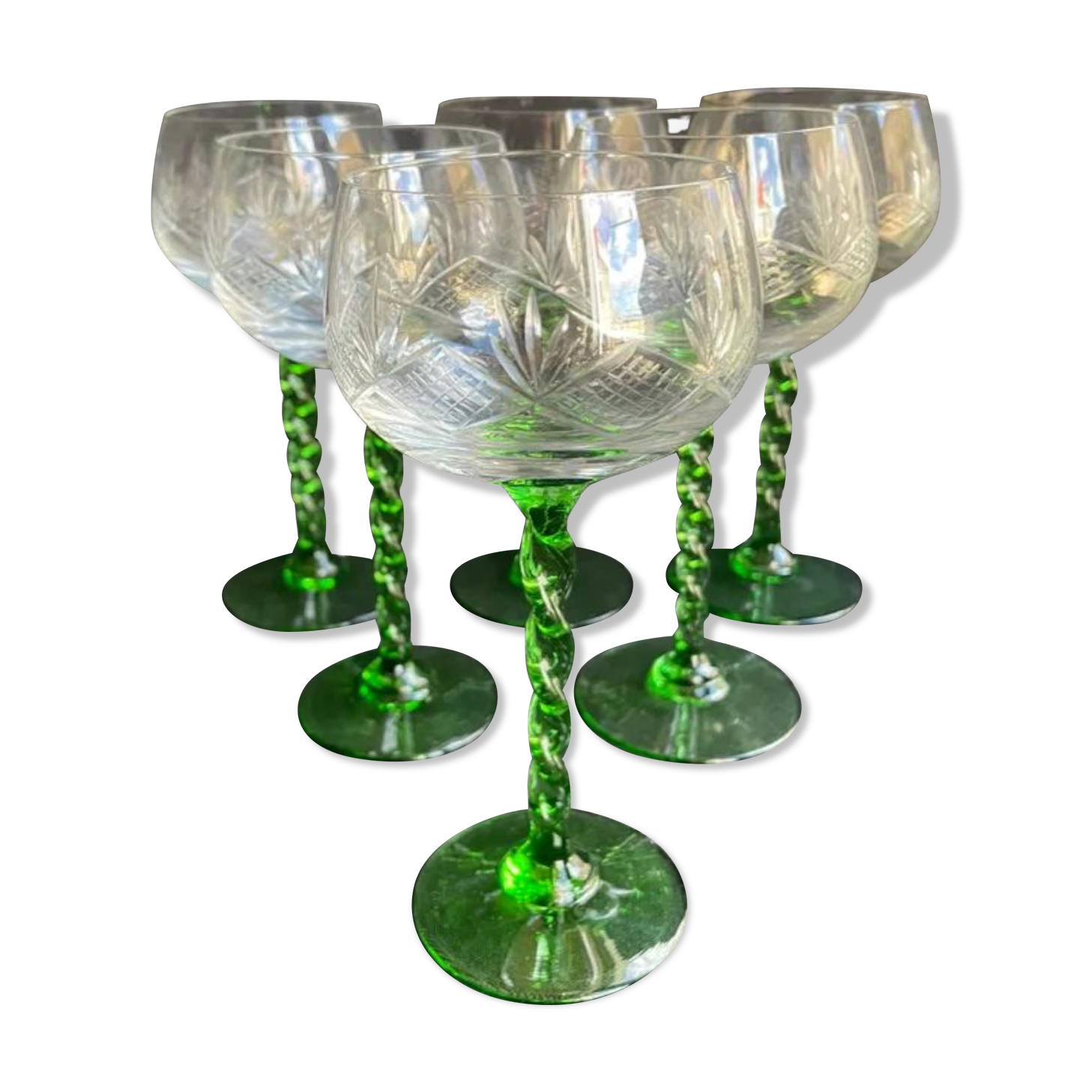 Lot de 6 verres à vin blanc d’Alsace cristal soufflé et taillé XXème