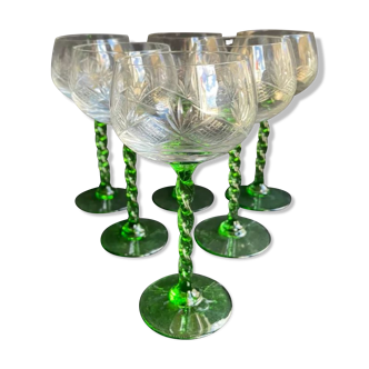 Lot de 6 verres à vin blanc d’Alsace cristal soufflé et taillé XXème