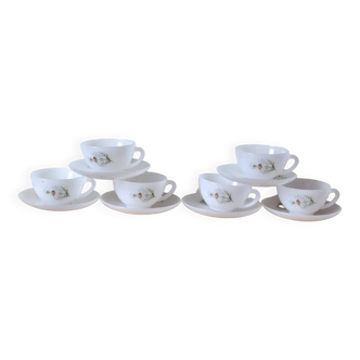 Lot de six tasses et soucoupes vintage Arcopal - décor marguerites