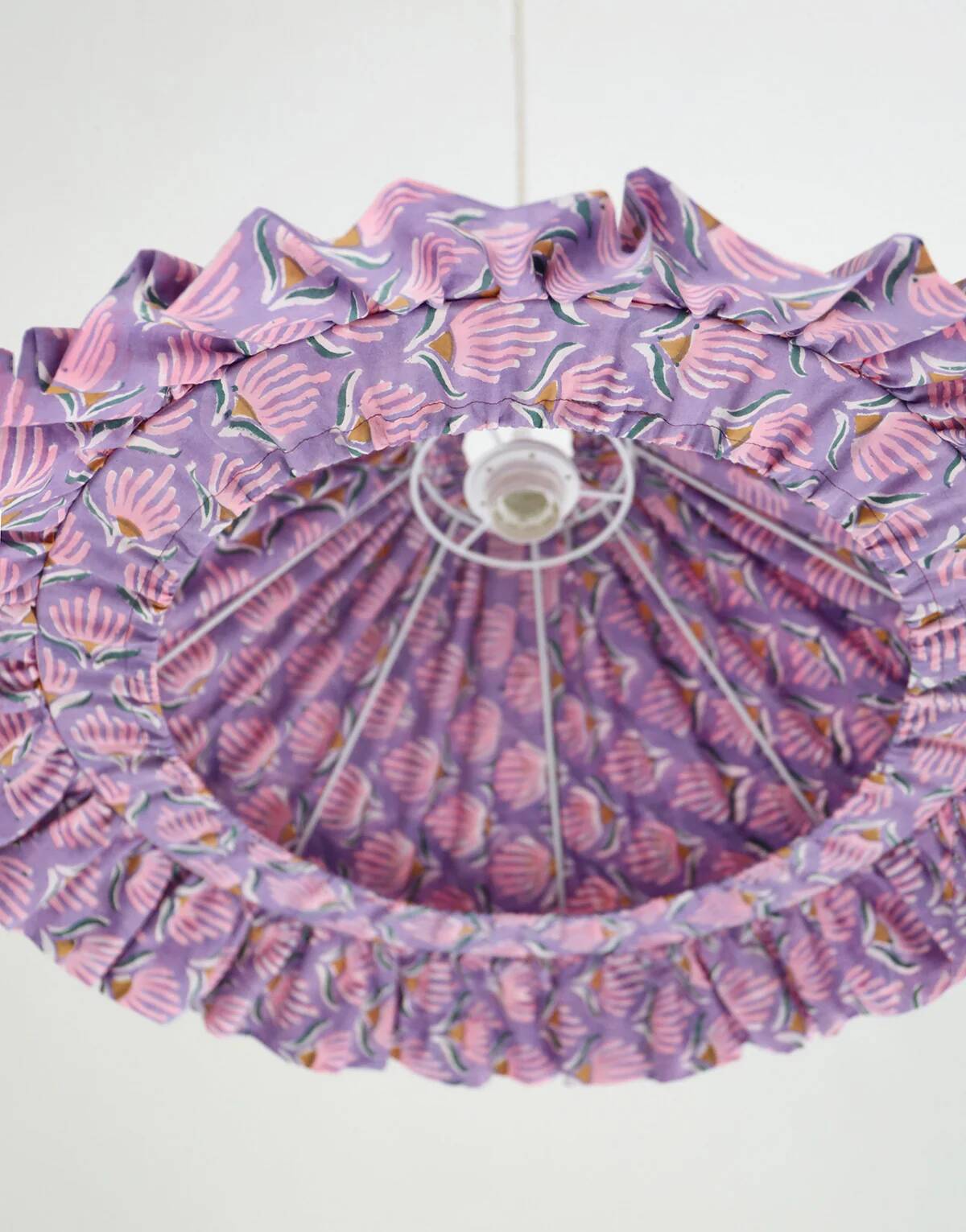 Emilia "purple shell flowers" conical textile suspension with flounce