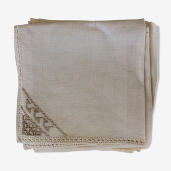 6 towels in ecru linen with beige embroidery handmade.