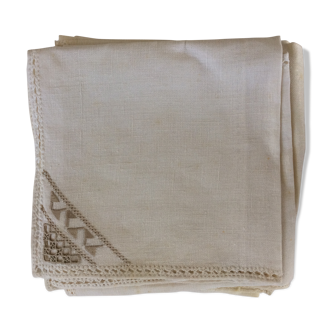 6 towels in ecru linen with beige embroidery handmade.