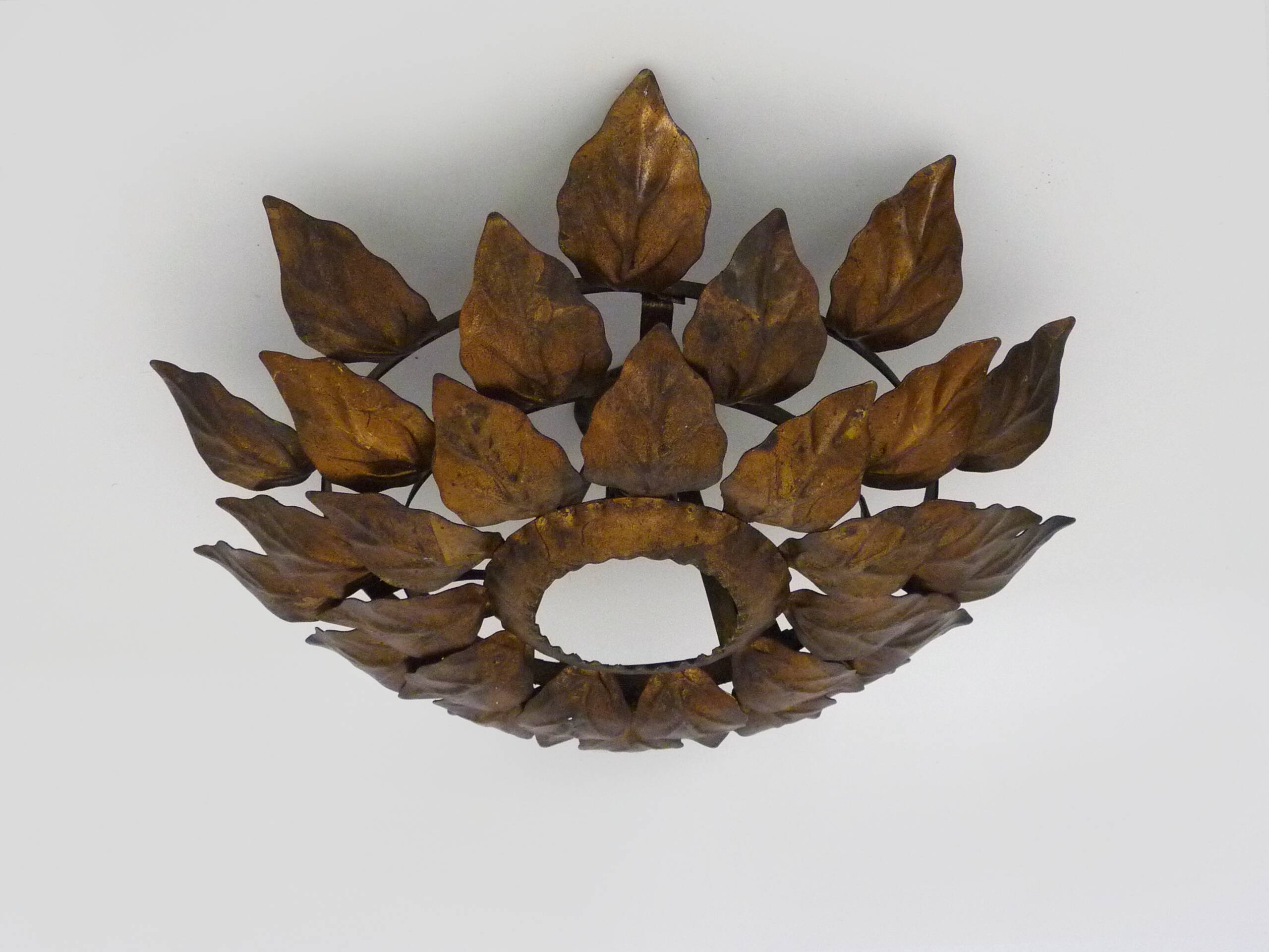 Sun ceiling light, foliage ceiling light in gold metal, vintage ceiling light. 70s